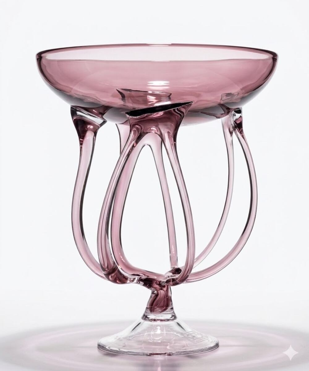 Vintage Jozefina Krosno Jellyfish Art Glass Compote | Hand-Blown Pink & Clear